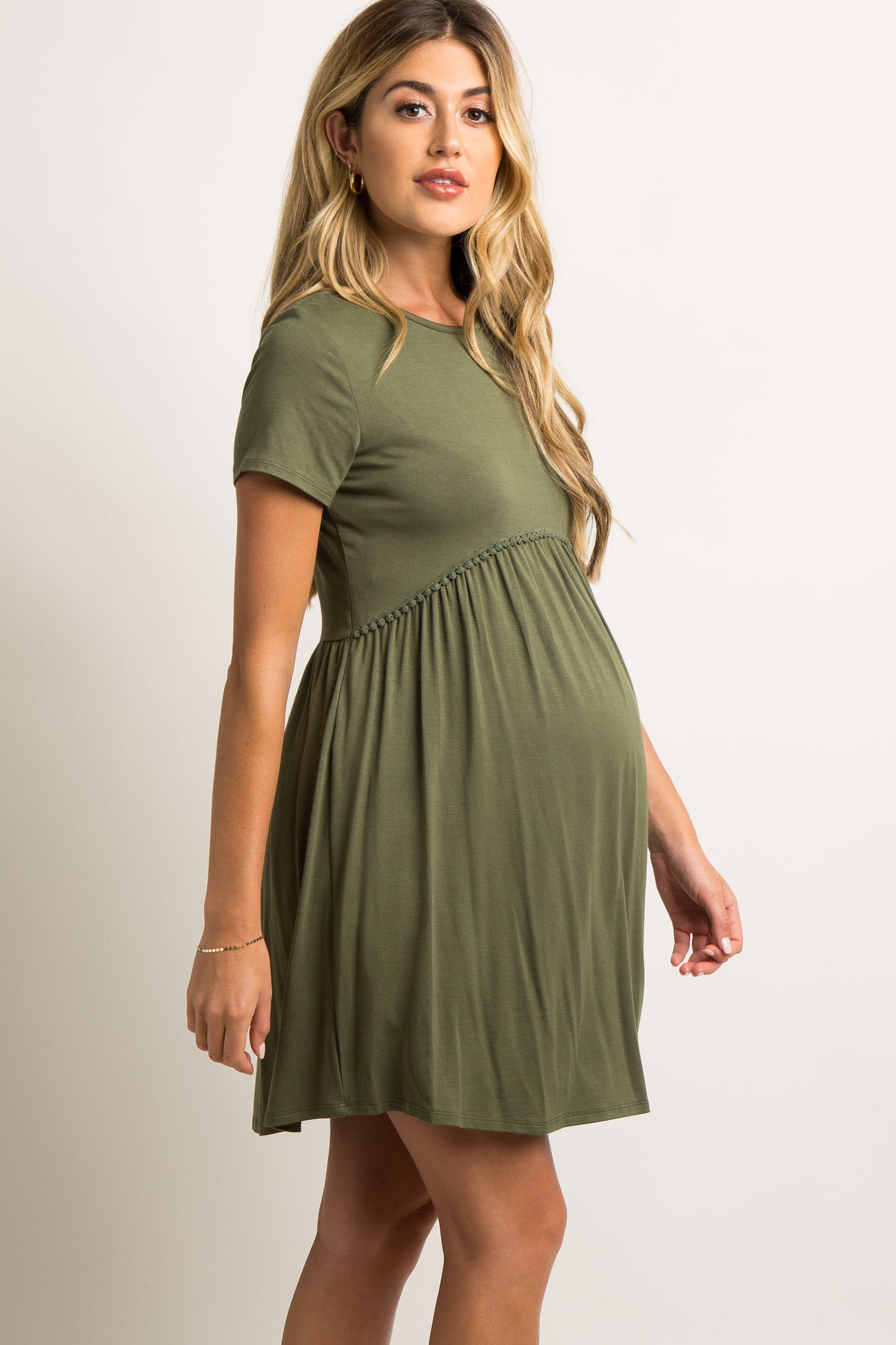 PinkBlush Olive Solid Crochet Trim Maternity Shift Dress