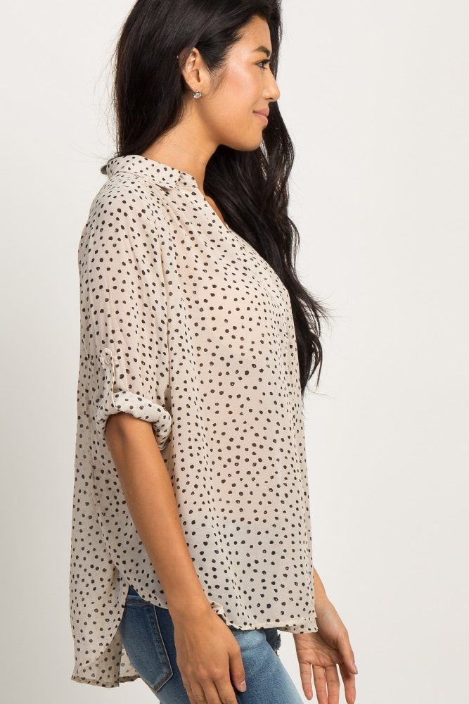 Beige Polka Dot Chiffon Blouse