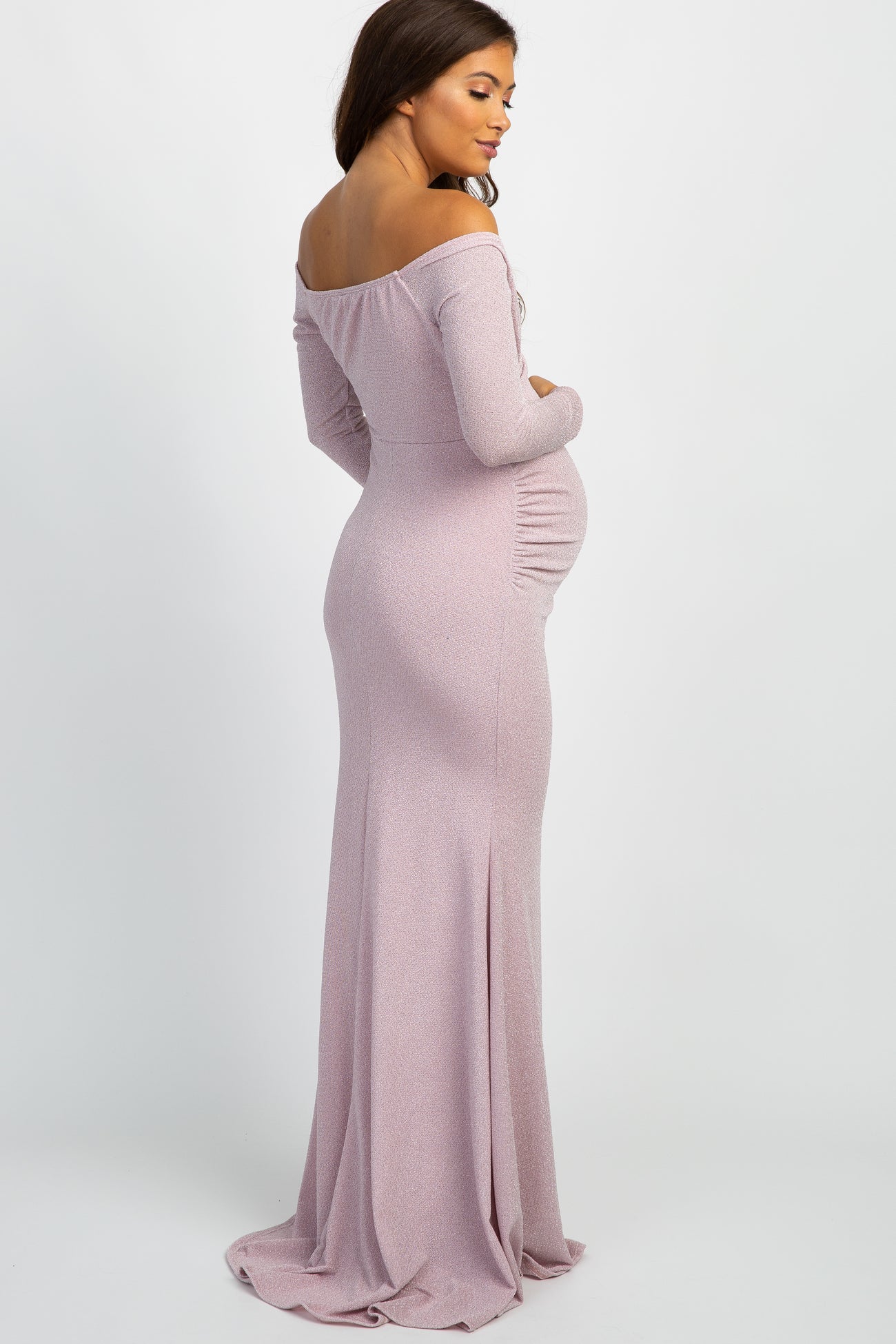 PinkBlush Pink Metallic Off Shoulder Long Sleeve Wrap Maternity Photoshoot Gown/Dress