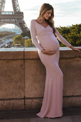 PinkBlush Pink Metallic Off Shoulder Long Sleeve Wrap Maternity Photoshoot Gown/Dress