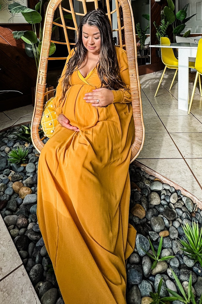 Yellow Chiffon Long Sleeve Pleated Maternity Maxi Dress