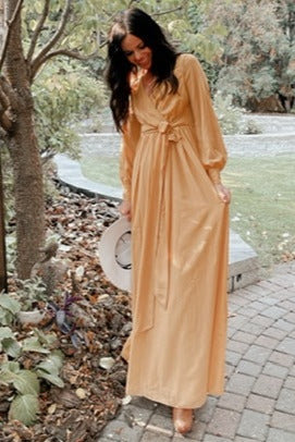 Yellow Chiffon Long Sleeve Pleated Maxi Dress