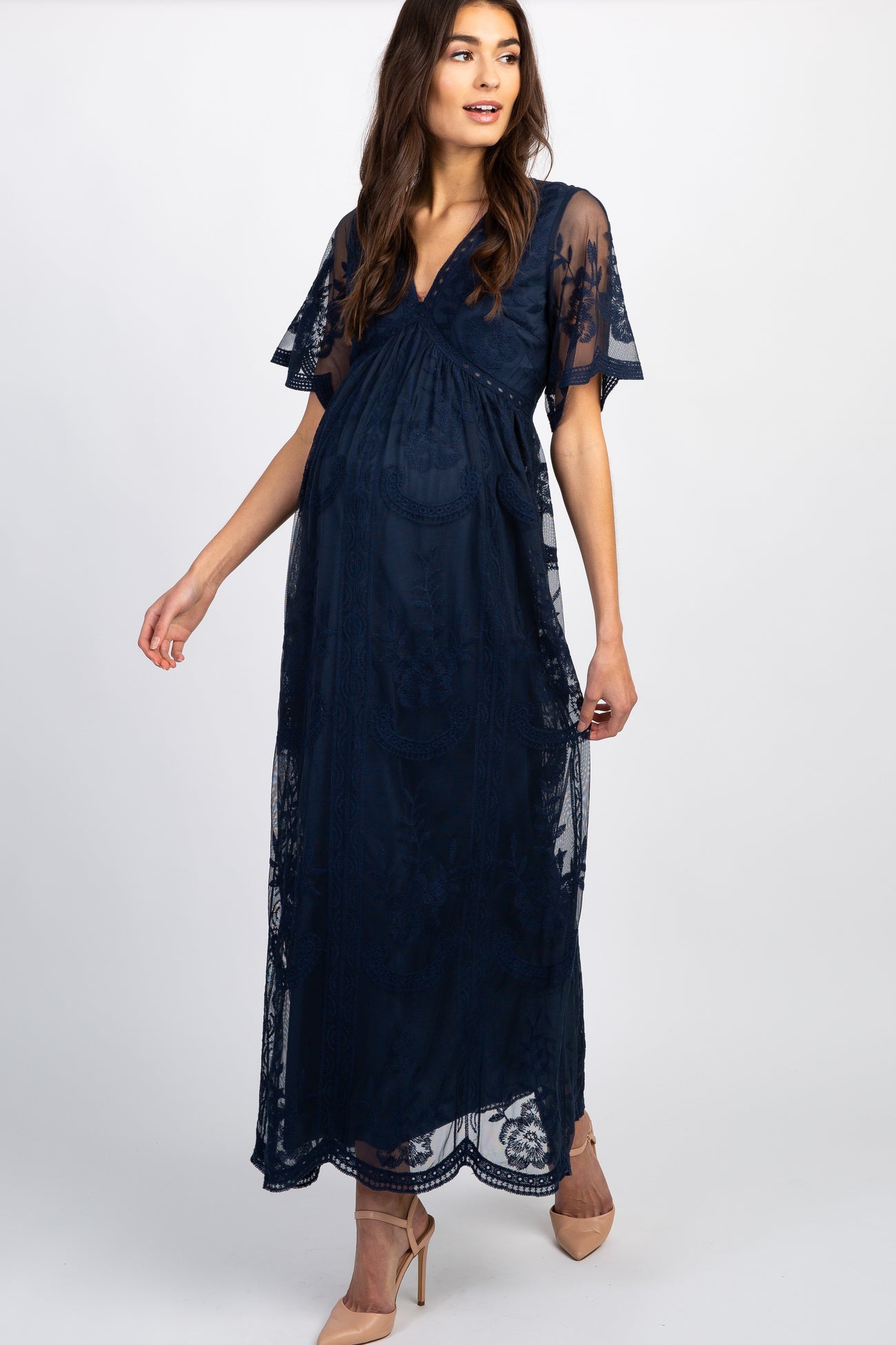 PinkBlush Navy Blue Lace Mesh Overlay Maternity Maxi Dress