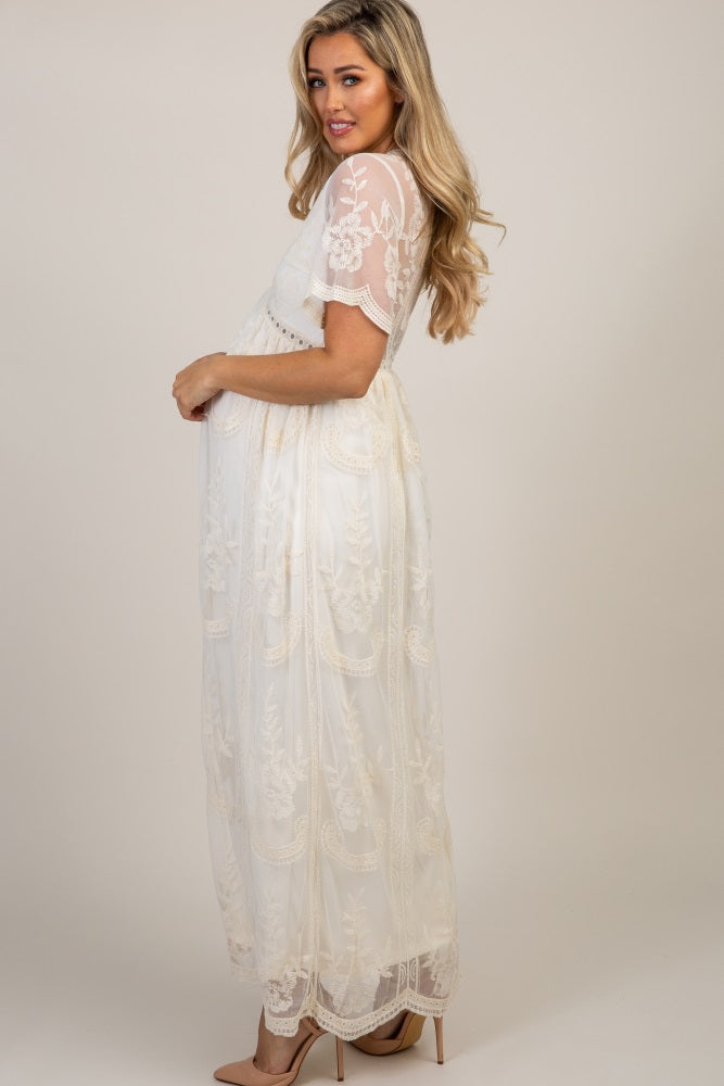 PinkBlush Cream Lace Mesh Overlay Maternity Maxi Dress