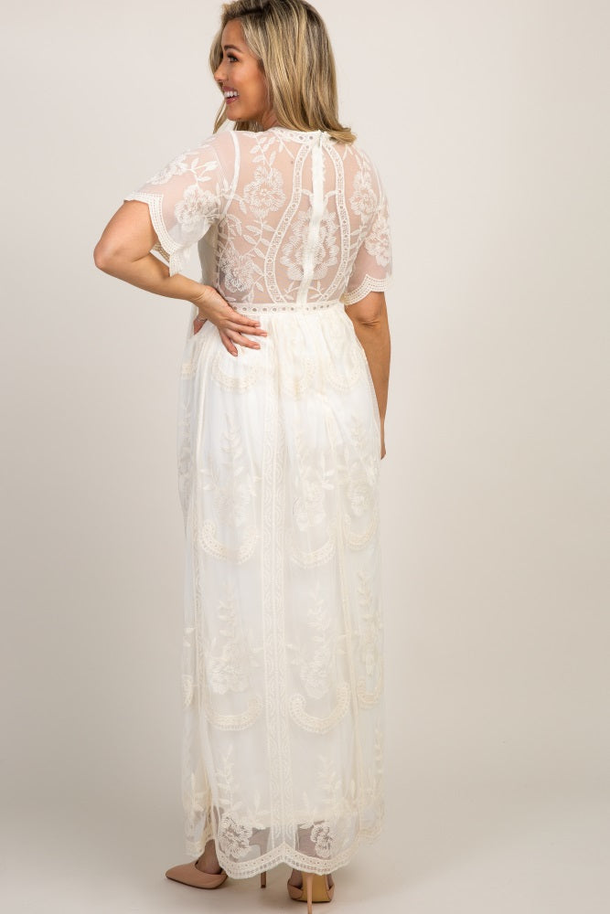 PinkBlush Cream Lace Mesh Overlay Maternity Maxi Dress