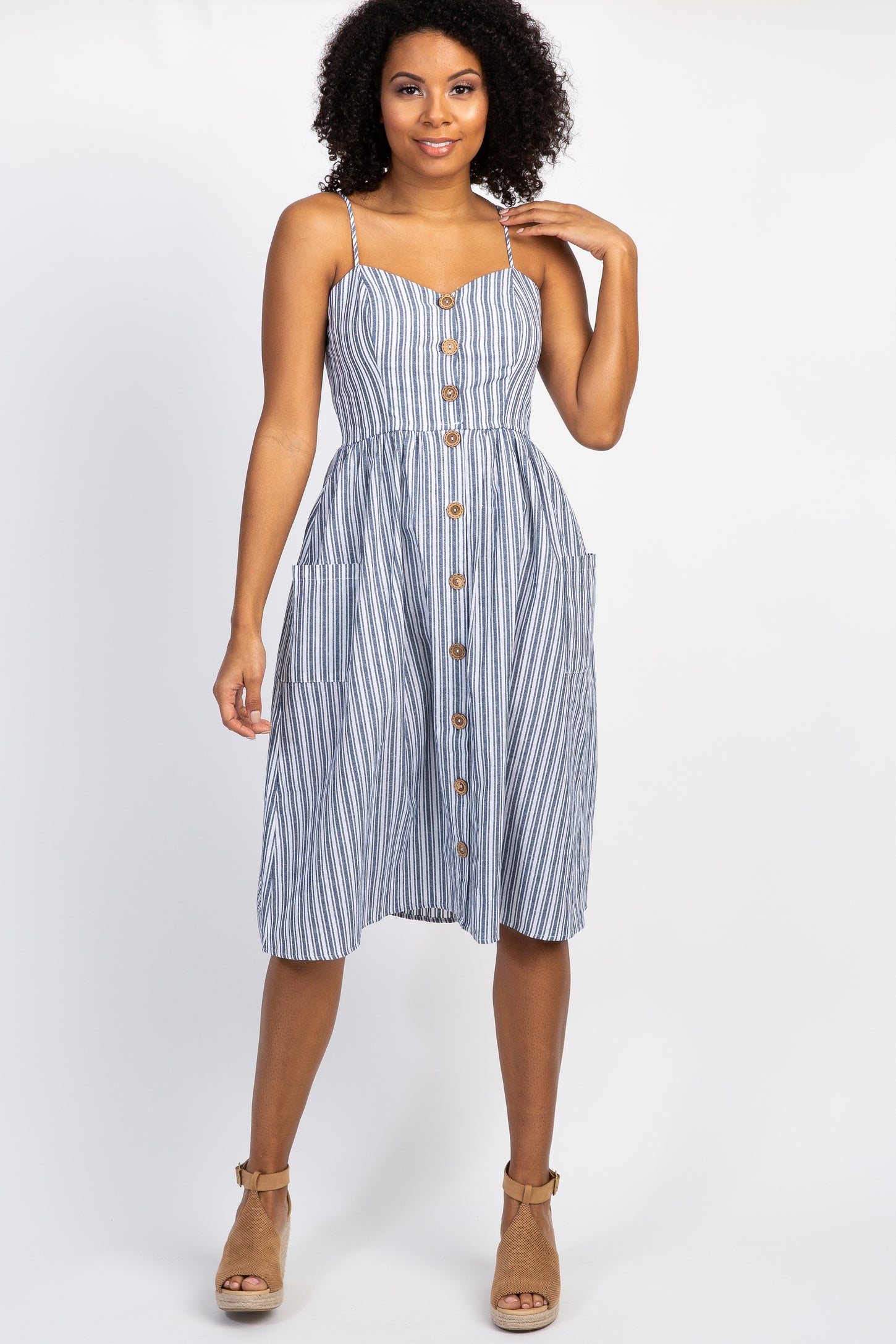 Navy Striped Sweetheart Button Front Maternity Dress
