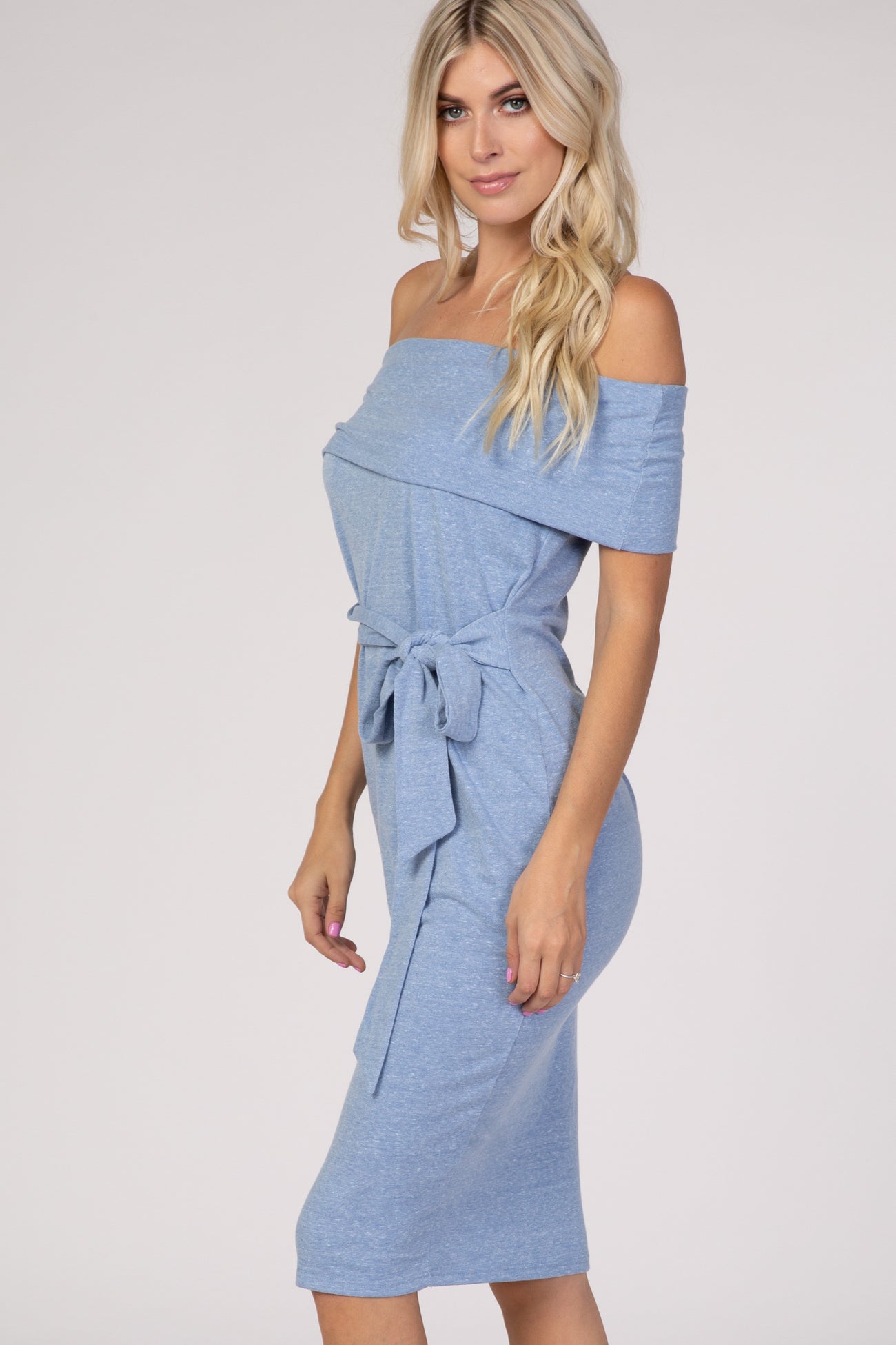 PinkBlush Blue Folded Off Shoulder Belted Fitted Dress