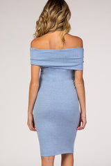 PinkBlush Blue Folded Off Shoulder Belted Fitted Maternity Dress