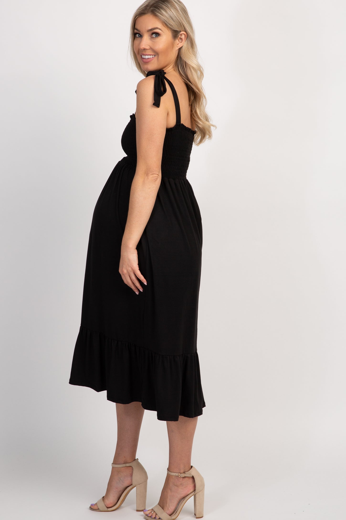 Black Solid Self-Tie Smocked Maternity Midi Dress