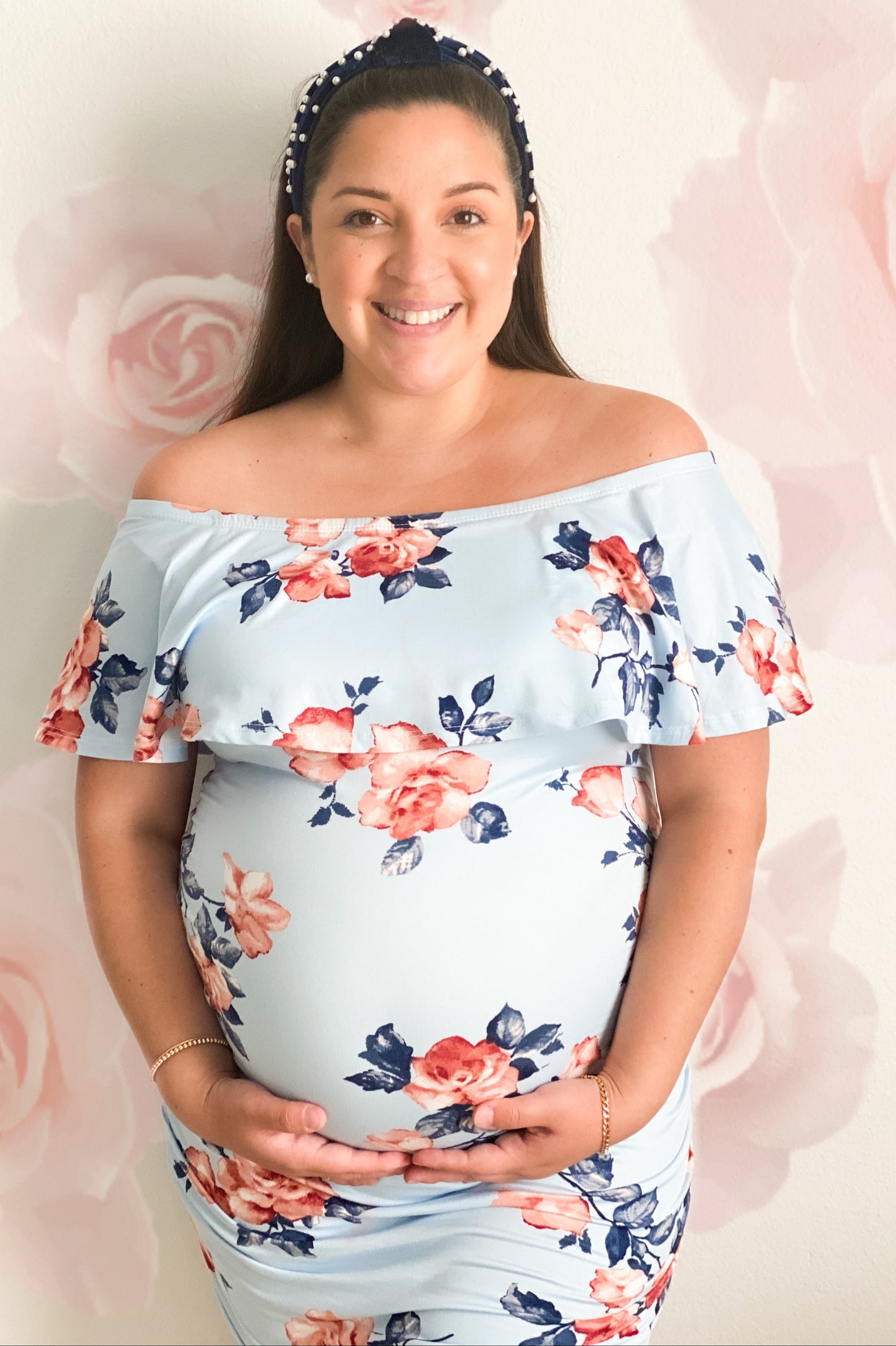 Light Blue Rose Print Ruffle Fitted Maternity Dress