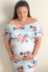 Light Blue Rose Print Ruffle Fitted Maternity Dress