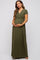 woman wearing a dark olive green maternity maxi dress with short sleeves and a wrap bodice holding her baby bump
