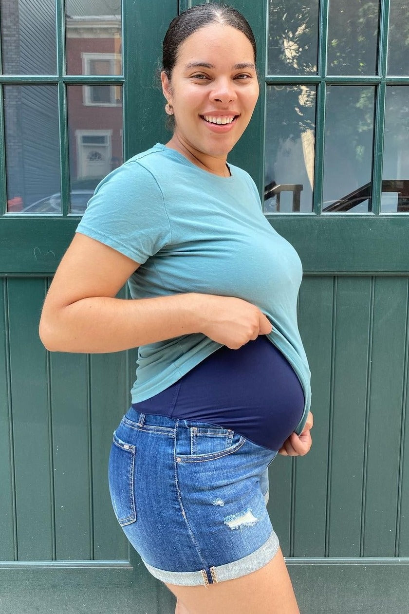 PinkBlush Navy Blue Distressed Rolled Hem Maternity Denim Shorts