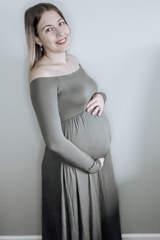 PinkBlush Petite Olive Solid Off Shoulder Maternity Maxi Dress