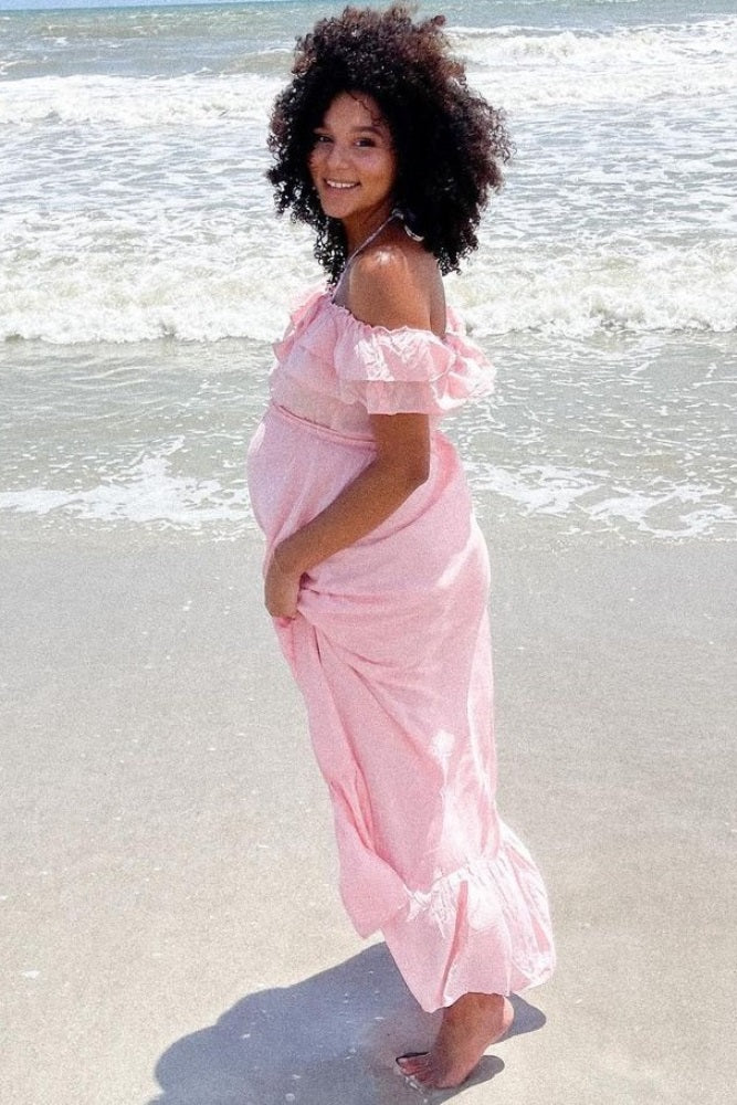 Pink Off Shoulder Tassel Tie Maternity Maxi Dress