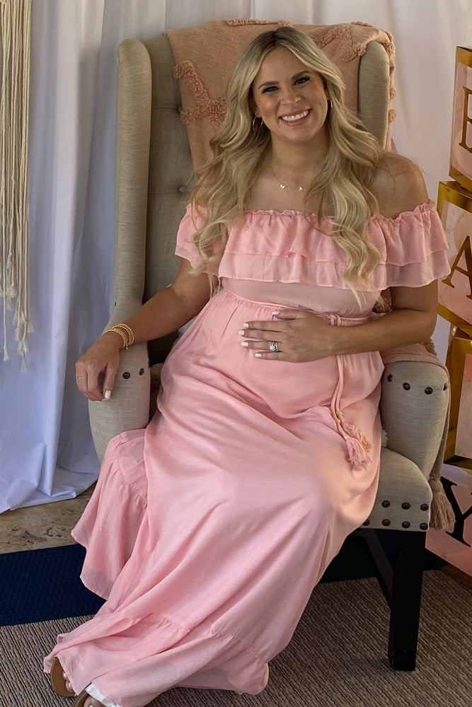 Pink Off Shoulder Tassel Tie Maternity Maxi Dress