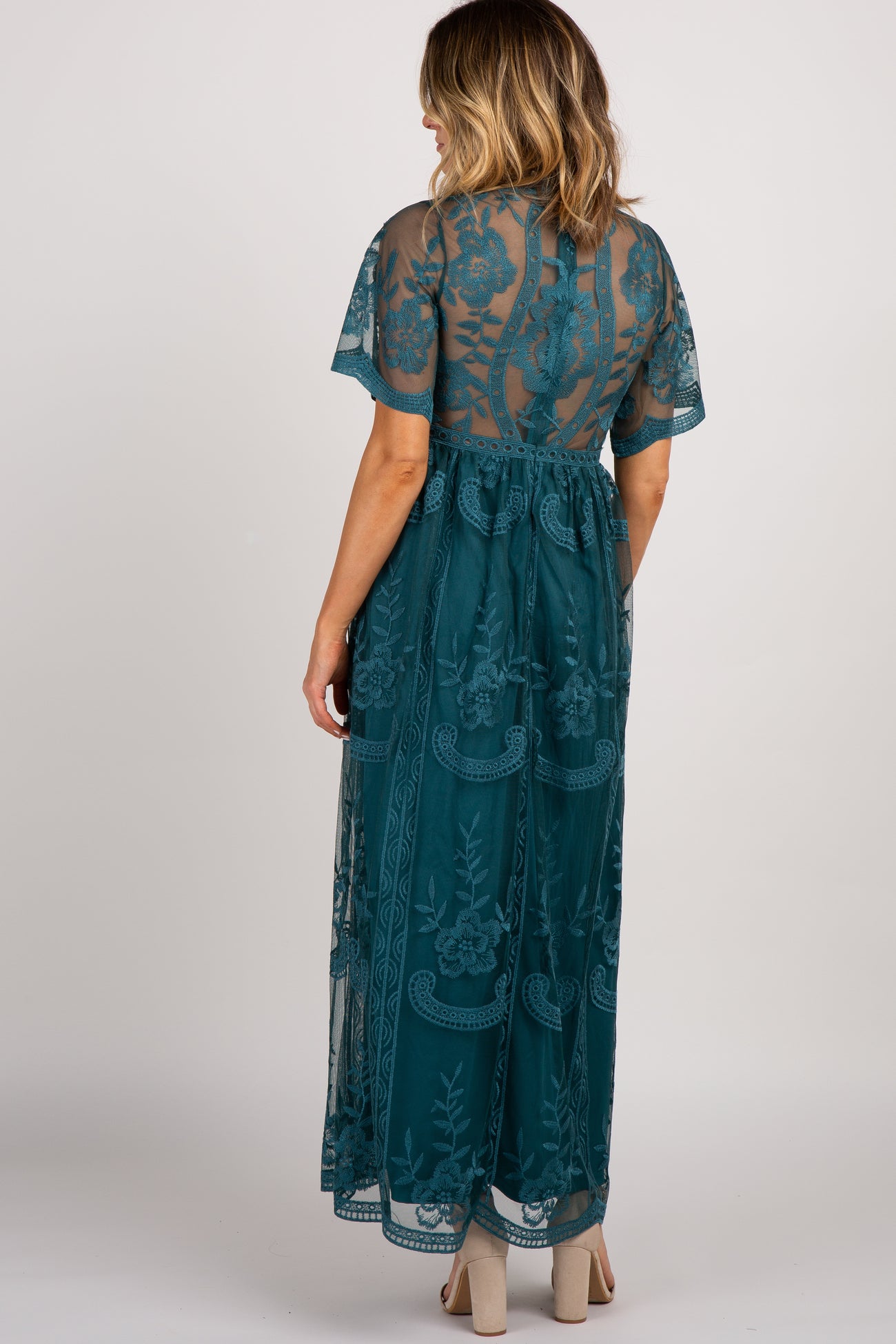 Dark Turquoise Lace Mesh Overlay Maxi Dress