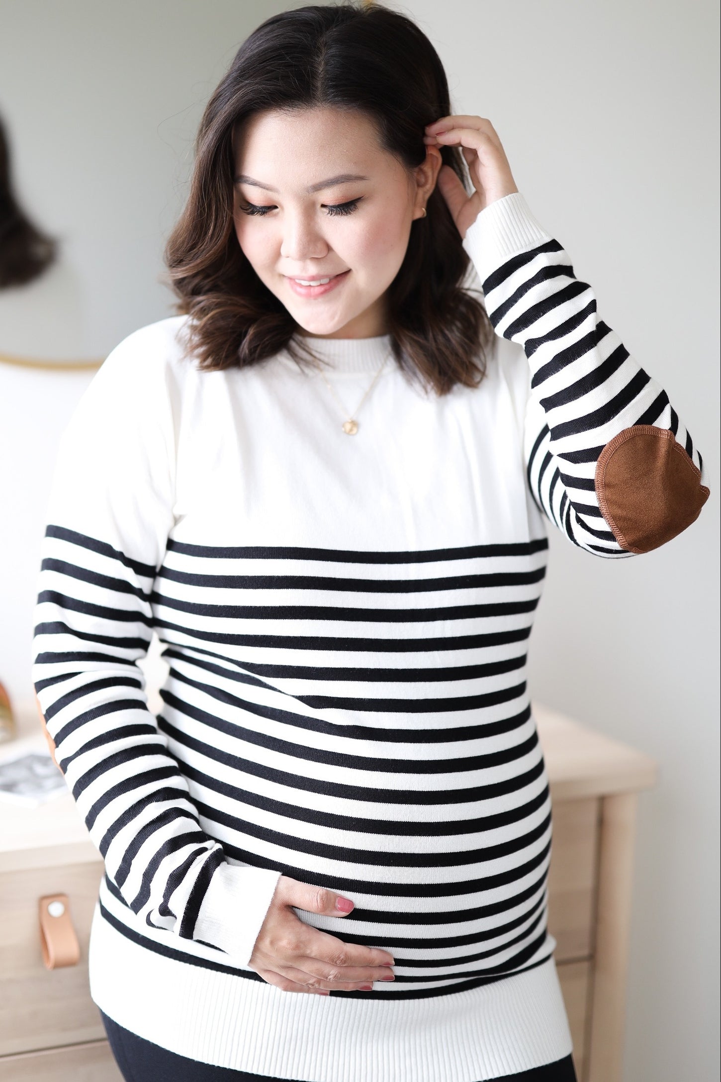 PinkBlush Ivory Striped Elbow Patch Knit Maternity Sweater