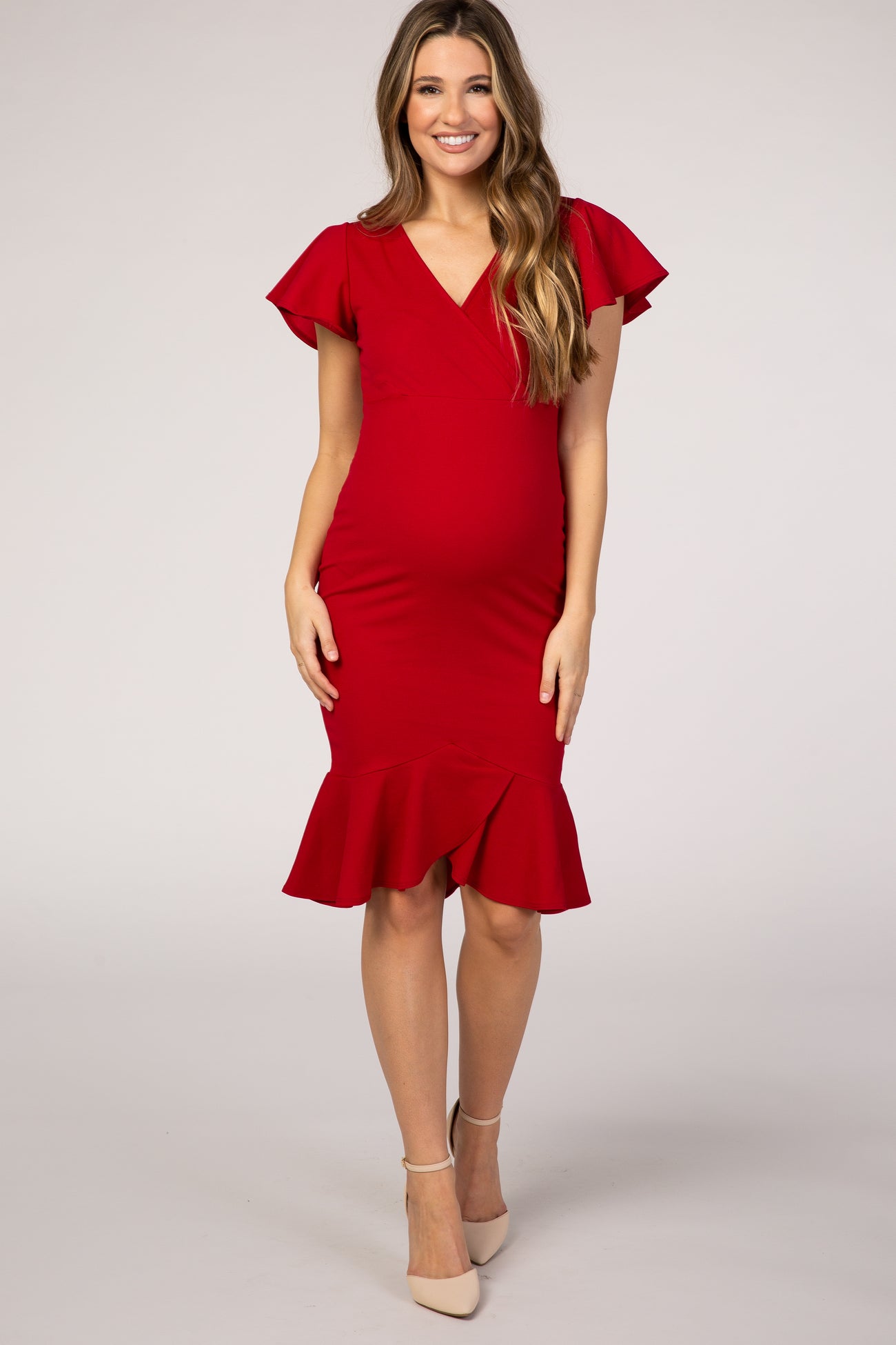 PinkBlush Red Ruffle Accent Fitted Maternity Wrap Dress