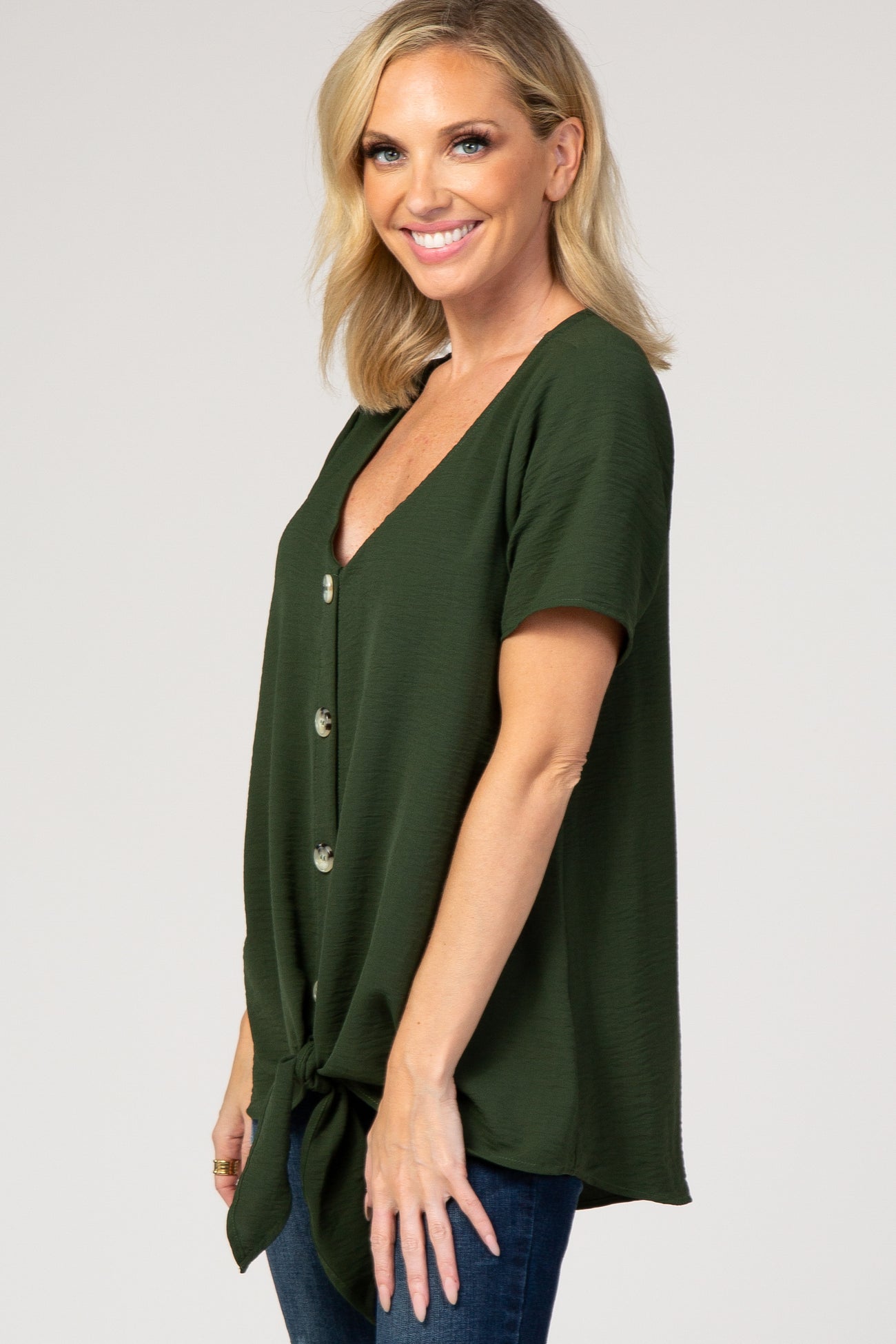 Olive Button Tie Front Top