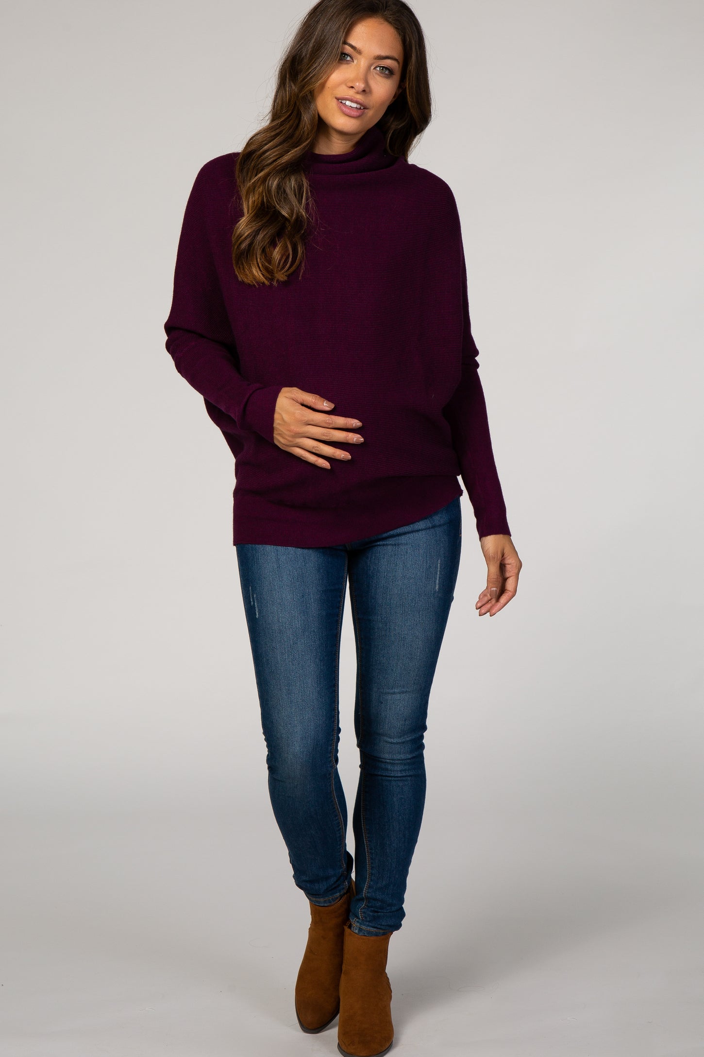 Purple Funnel Neck Dolman Sleeve Maternity Sweater