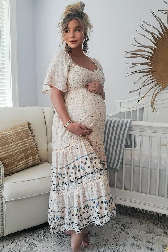 Beige Floral Embroidered 3/4 Sleeve Maternity Midi Dress