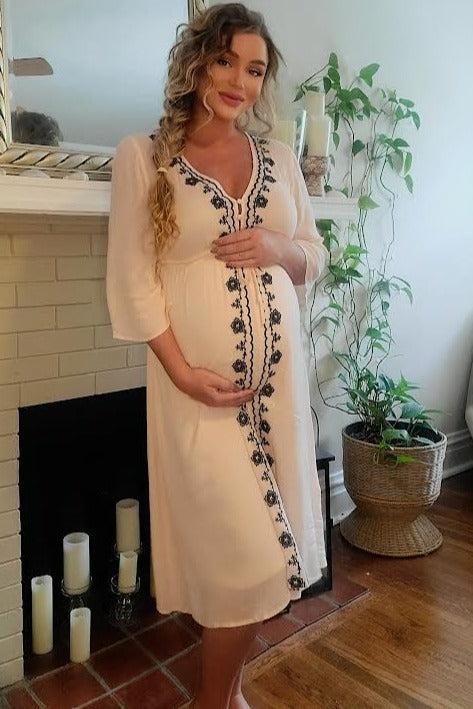 Beige Floral Embroidered 3/4 Sleeve Maternity Midi Dress