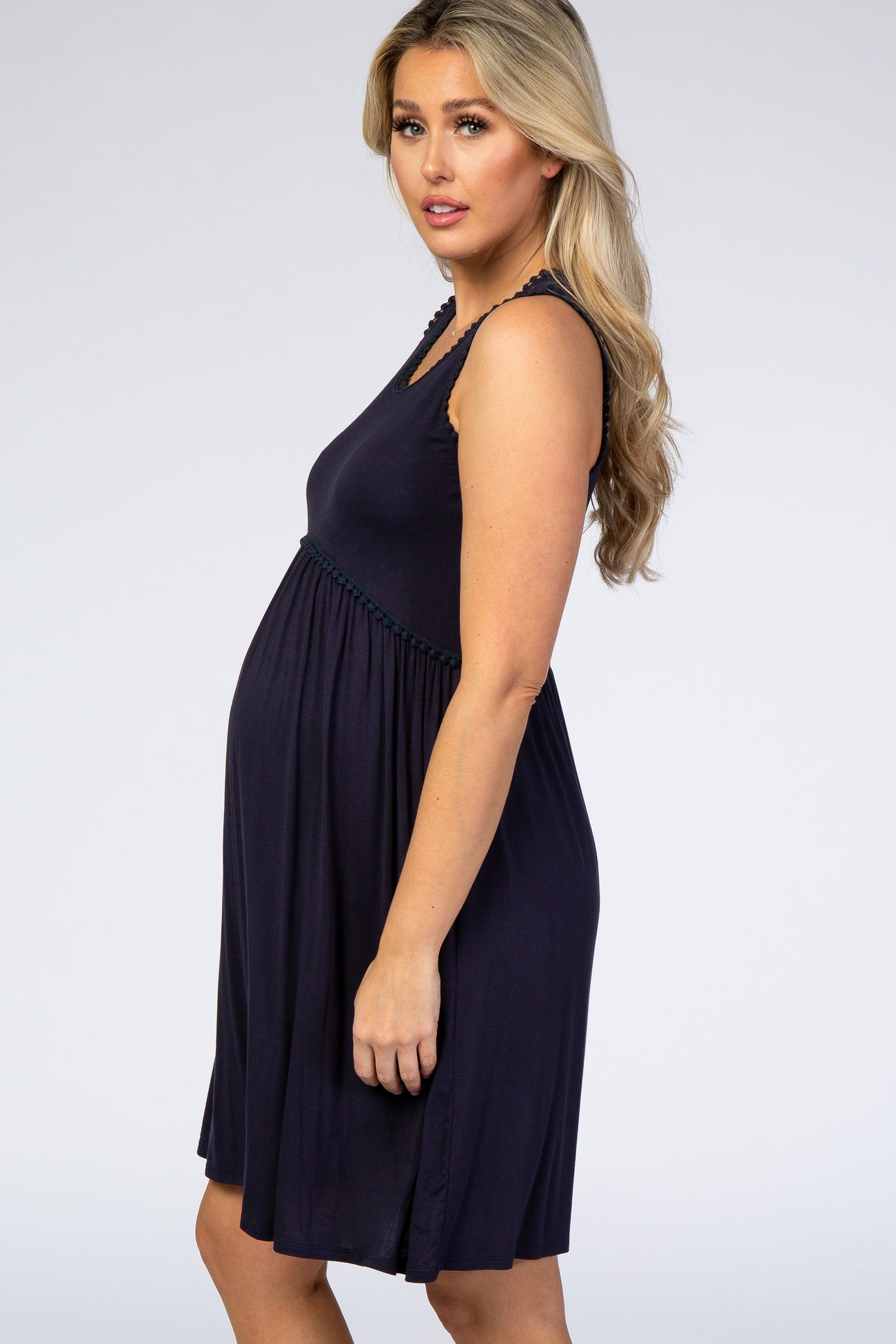 PinkBlush Navy Blue Sleeveless Round Neck Pom Pom Detail Maternity Dress