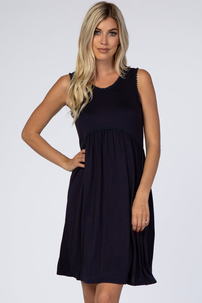 PinkBlush Navy Blue Sleeveless Round Neck Pom Pom Detail Dress