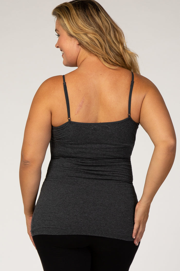 woman wearing a dark gray maternity tank top, showing the back view with adjustable straps