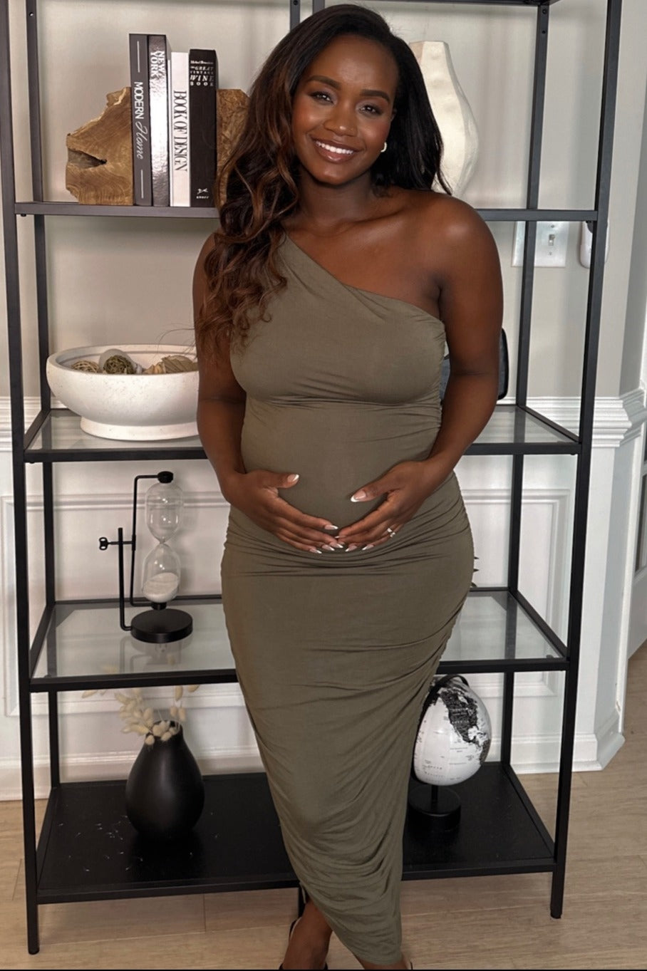 PinkBlush Olive Ruched One Shoulder Maternity Dress