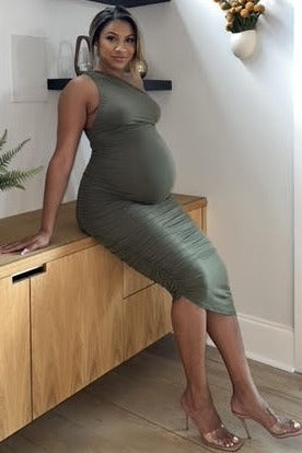 PinkBlush Olive Ruched One Shoulder Maternity Dress
