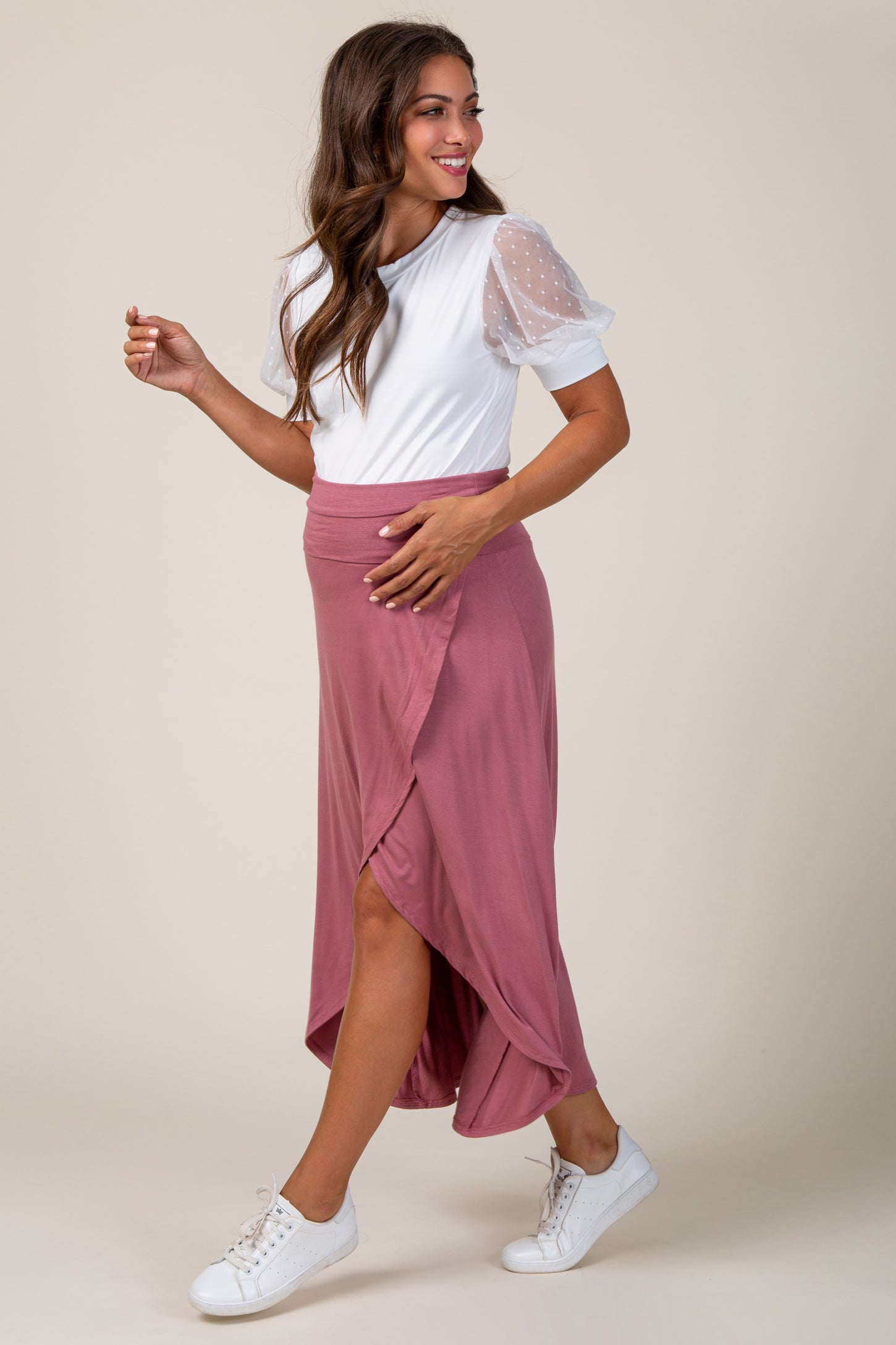 White Mesh Sleeve Maternity Top