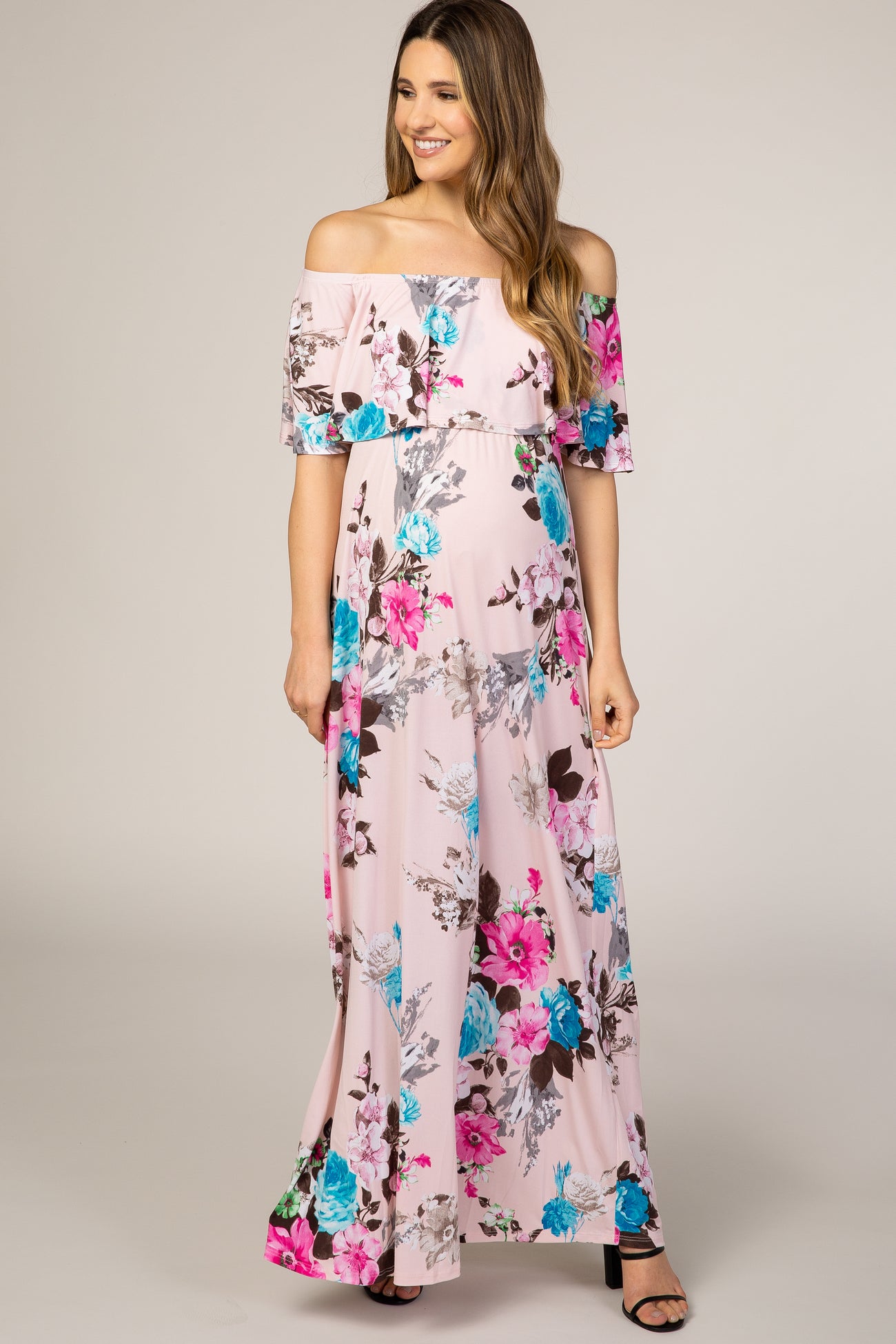 Light Pink Floral Off Shoulder Maternity Maxi Dress