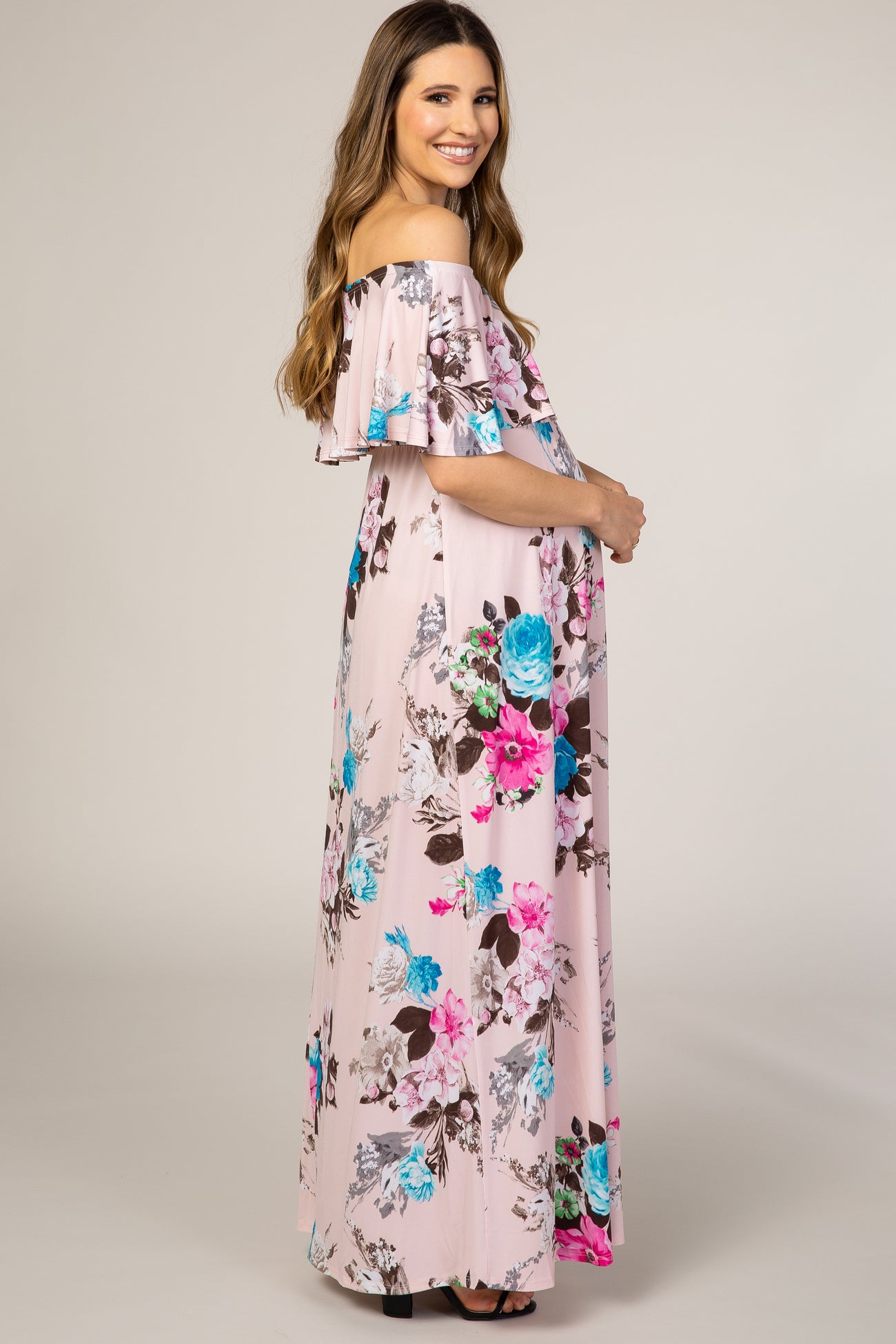 Light Pink Floral Off Shoulder Maternity Maxi Dress