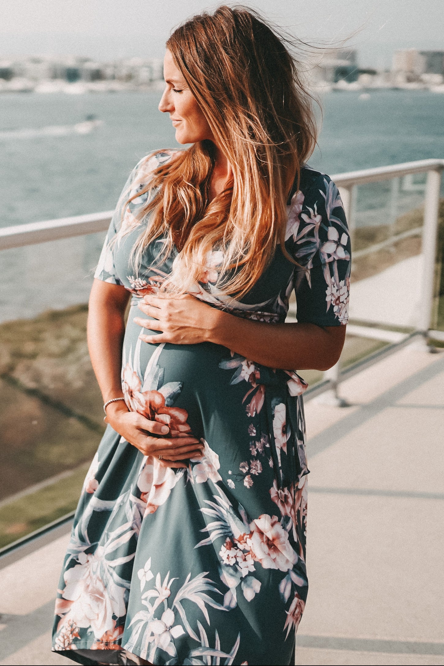 Blue Floral Draped Hi-Low Maternity Dress