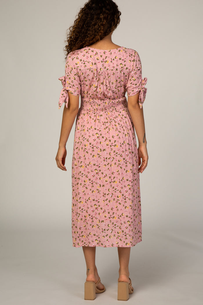 Pink Floral Tie Sleeve Maternity Midi Dress