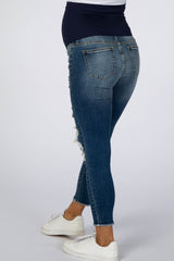 Navy Blue Ripped Knee Distressed Crop Maternity Jeans