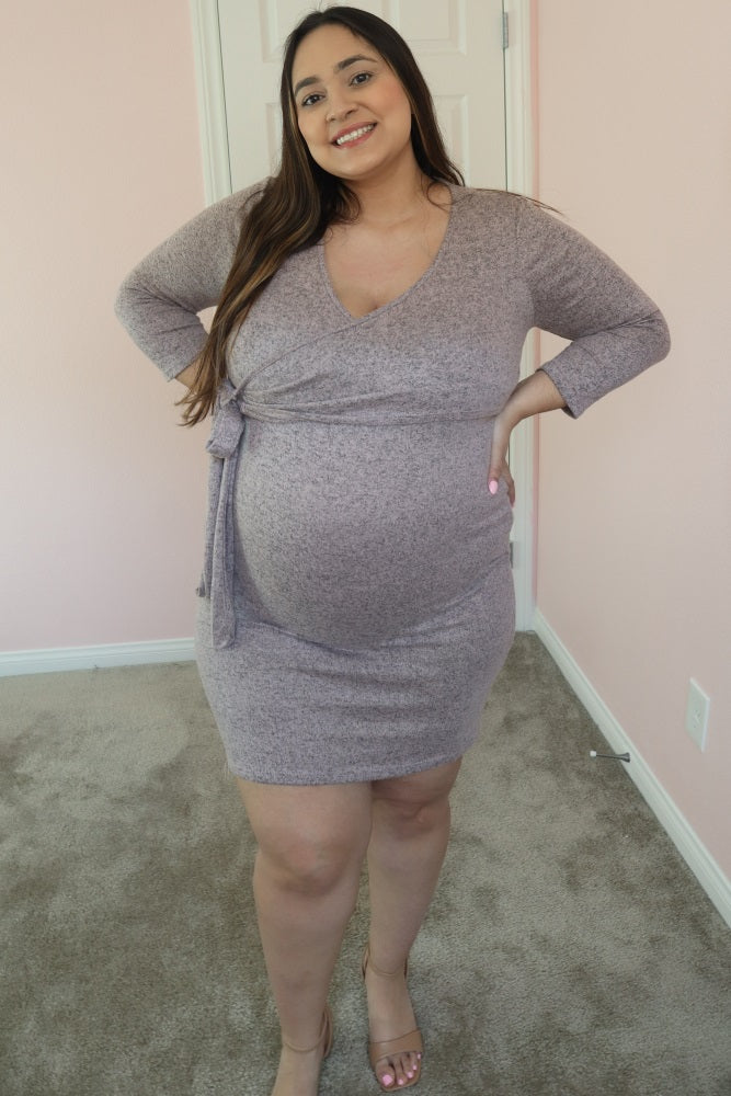 Pink Brushed Knit Wrap Fitted Maternity/Nursing Dress