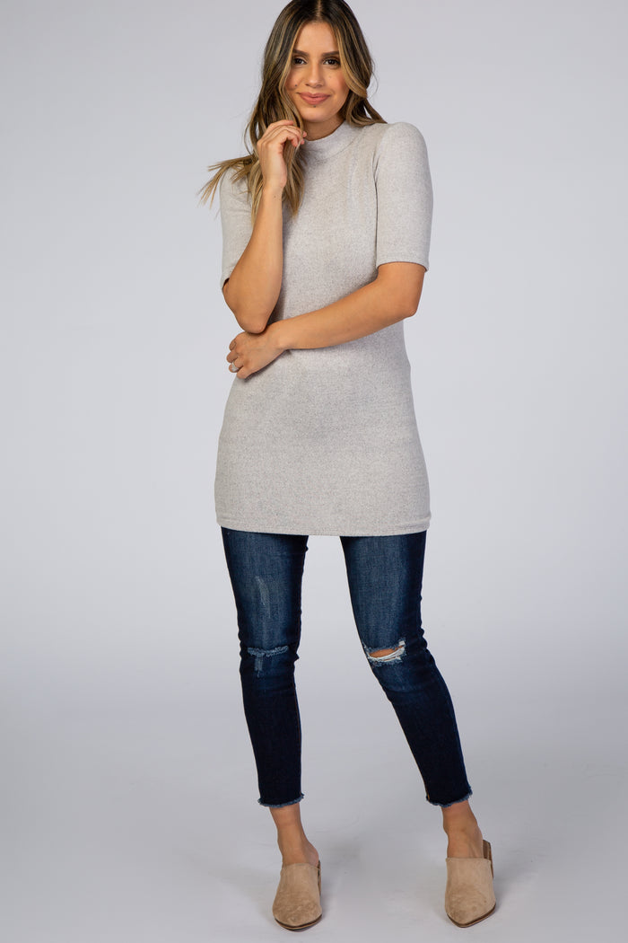 Heather Grey Soft Brushed Knit Mock Neck Top