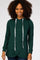 woman wearing a dark green long sleeve hoodie with a crossover front and white drawstrings