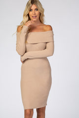 woman wearing a beige off-shoulder ribbed bodycon dress