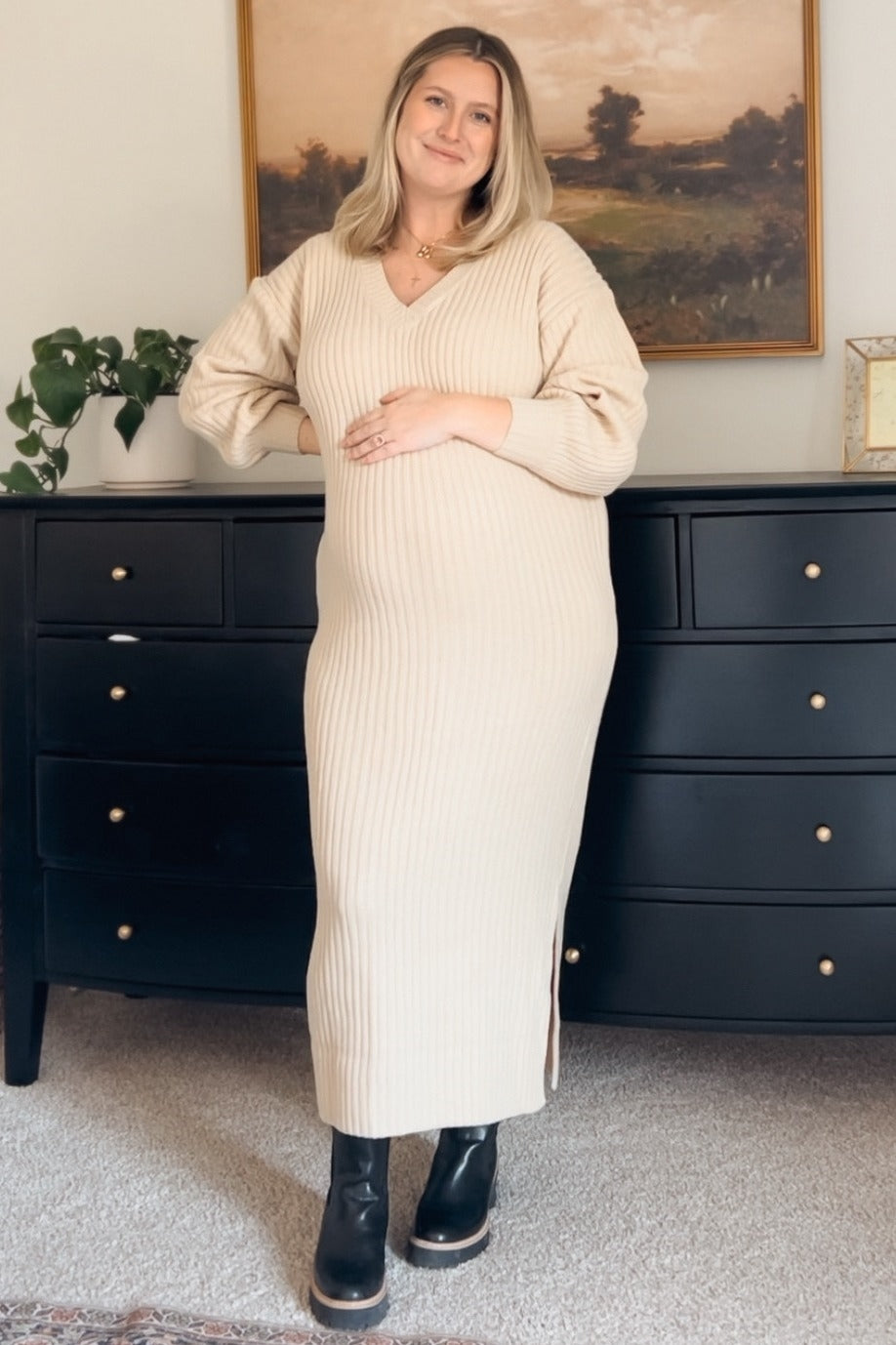Beige V-Neck Ribbed Maternity Sweater Dress