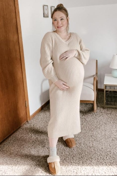 Beige V-Neck Ribbed Maternity Sweater Dress