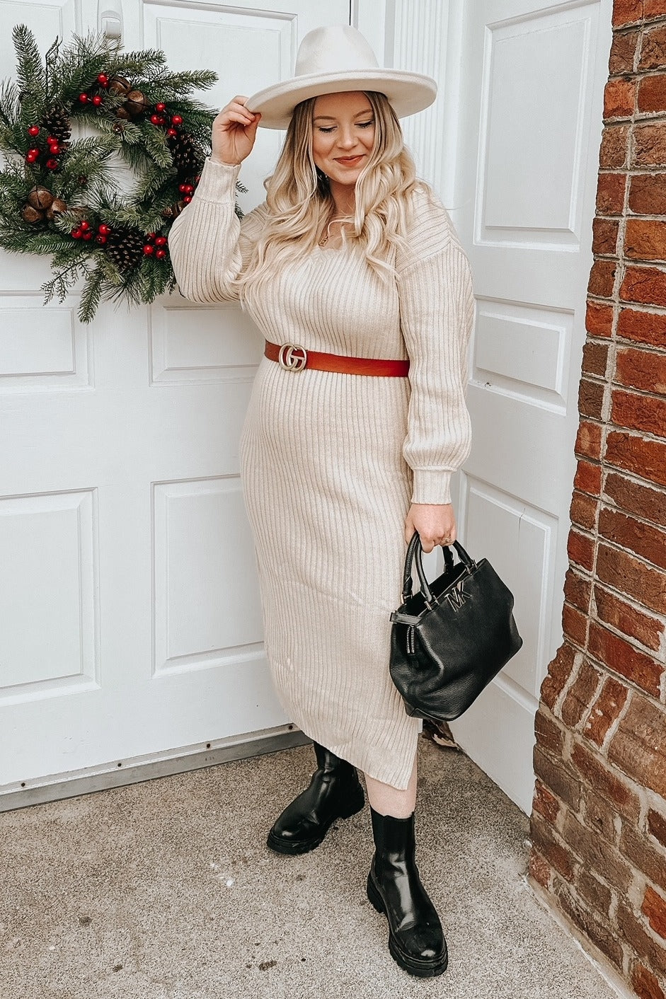 Beige V-Neck Ribbed Sweater Dress