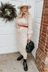 Beige V-Neck Ribbed Maternity Sweater Dress
