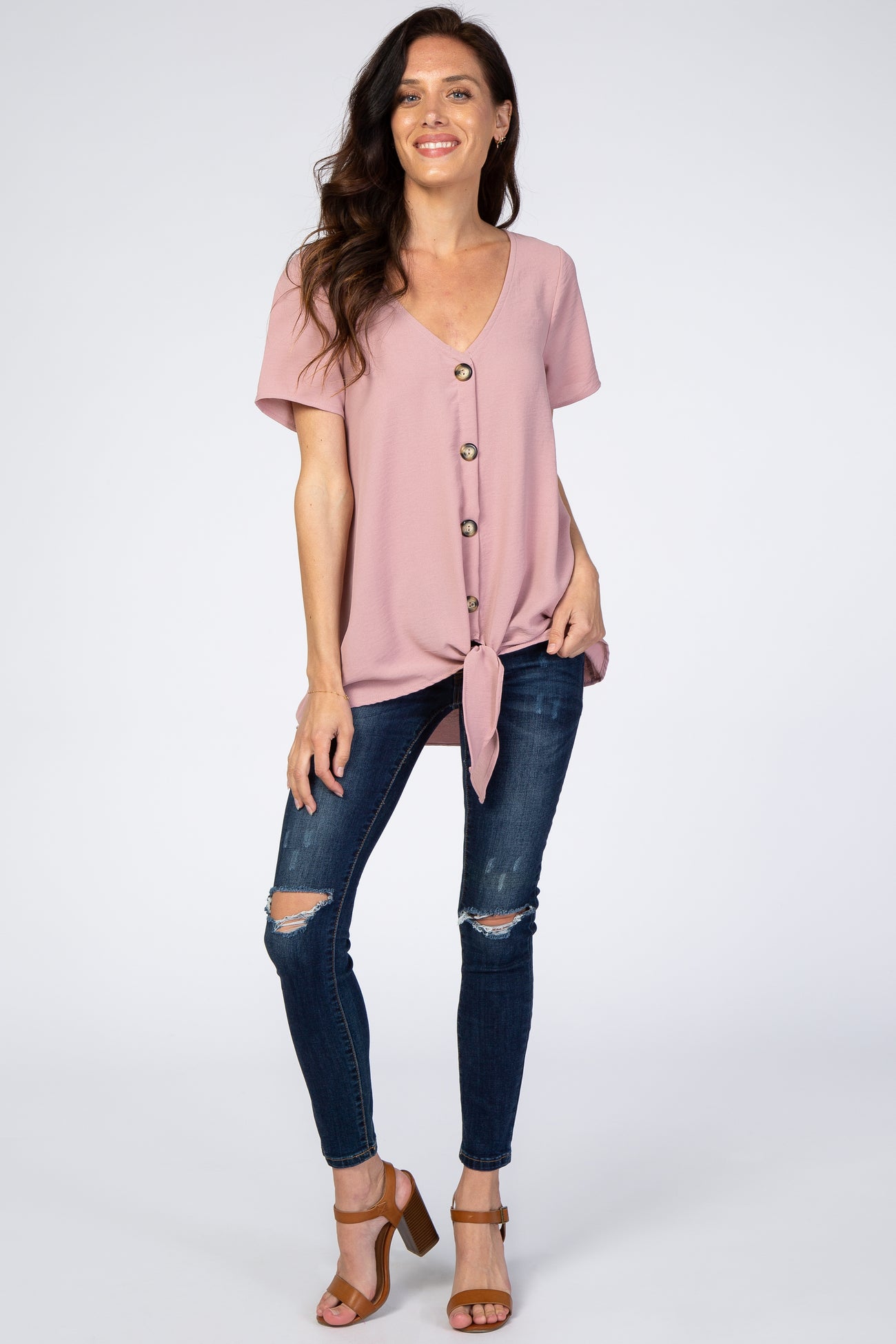 Dark Mauve Button Tie Front Top