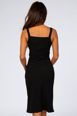 Black Ribbed Snap Button Front Fitted Midi Dress