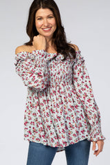 Light Blue Floral Off Shoulder Long Sleeve Maternity Top