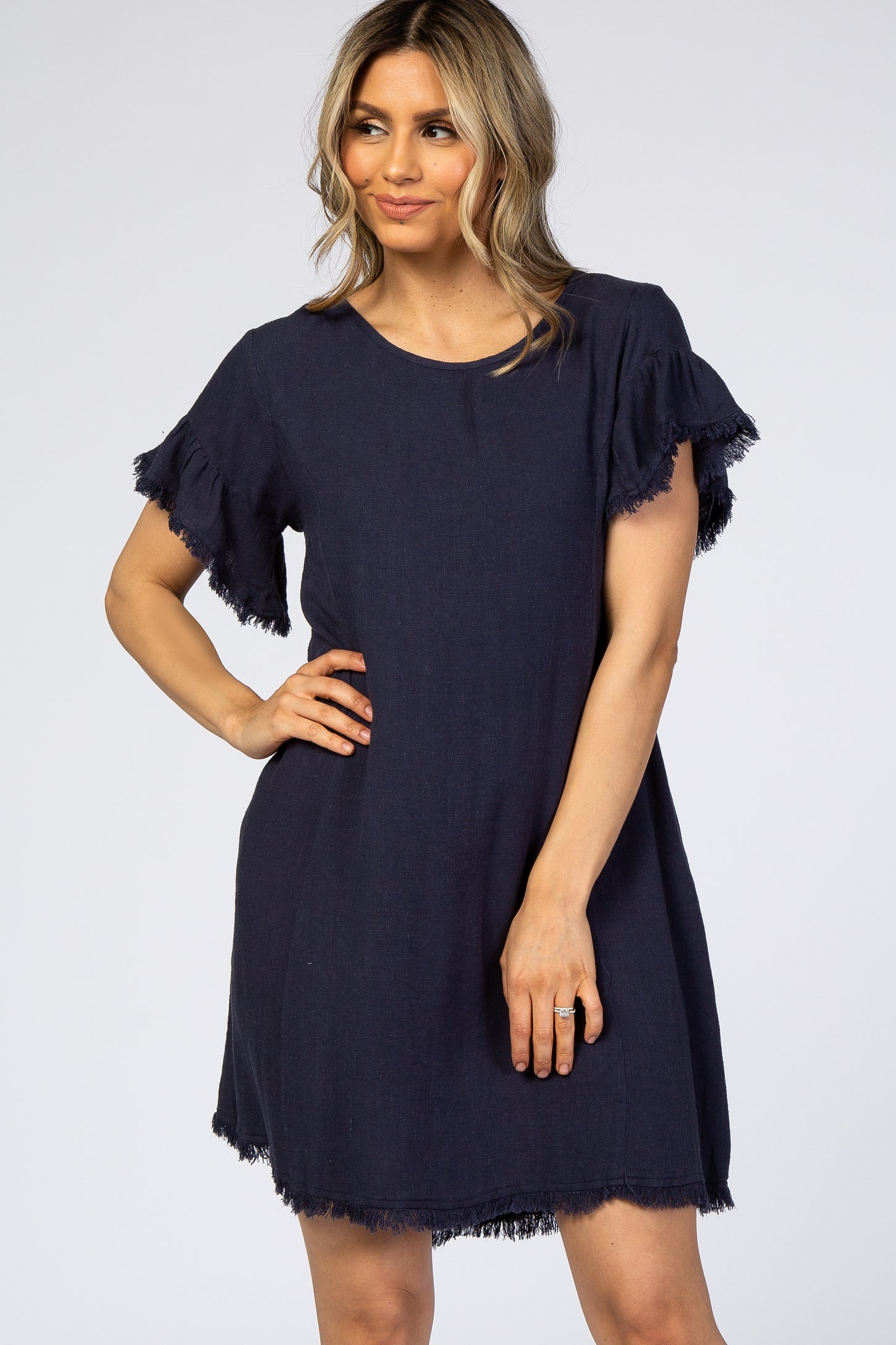 Navy Frayed Trim Back Keyhole Linen Dress